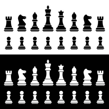 Satranç taşları. Satranç eski bir entelektüel oyundur. Tasarım ve web için izole edilmiş vektör illüstrasyonu.