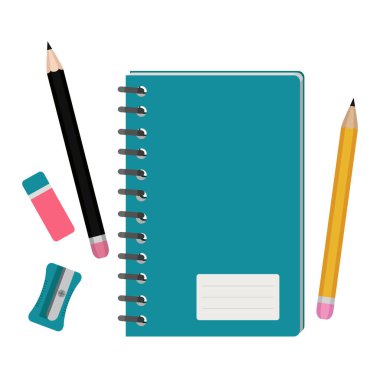 Defter ve kırtasiye malzemeleri. Kalemler, silgi, not defteri, açacağı. Tasarım ve web için basit düz bir biçimdeki vektör illüstrasyonu.