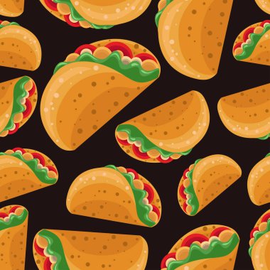 - Taco. Kusursuz bir arka plan ve koyu kahverengi arka planda rastgele düzenlenmiş tacolar. Tasarım ve web için izole edilmiş vektör illüstrasyonu.