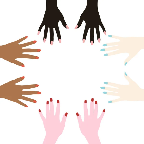 Les Mains Des Femmes Avec Des Ongles Peints Diversité Raciale — Image vectorielle