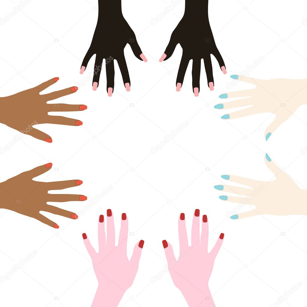 Women's hands with painted nails. Racial diversity. One-color manicure. Vector illustration isolated on a white background for design and web.