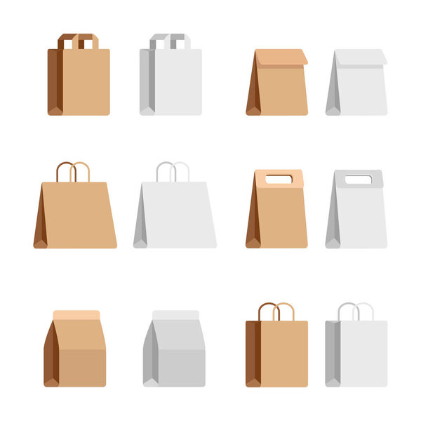 Set craft packages. White and brown bags of various shapes in a simple flat style for design and web. Vector illustration isolated on a white background.