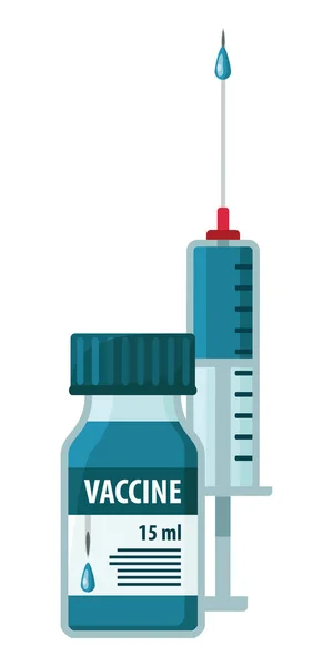 一瓶液体疫苗和一个注射器 注射器上有疫苗 针头末端有一滴药物 产自生物的医疗产品 在白色背景上孤立的矢量图形 用于设计和网络 — 图库矢量图片