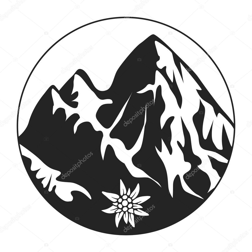 Icon Of The Alps. Snow-capped mountains in a circle with an Edelweiss flower. Vector illustration isolated on a white background in a simple flat style for design and web.