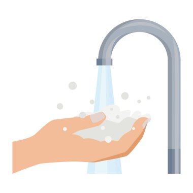 El yıkama. Ellerini musluktan akan suyun altında sabun köpüğüyle yıkıyor. Molar köpükle dezenfekte etme. Tasarım ve web için beyaz bir arkaplanda izole edilmiş vektör illüstrasyonu.