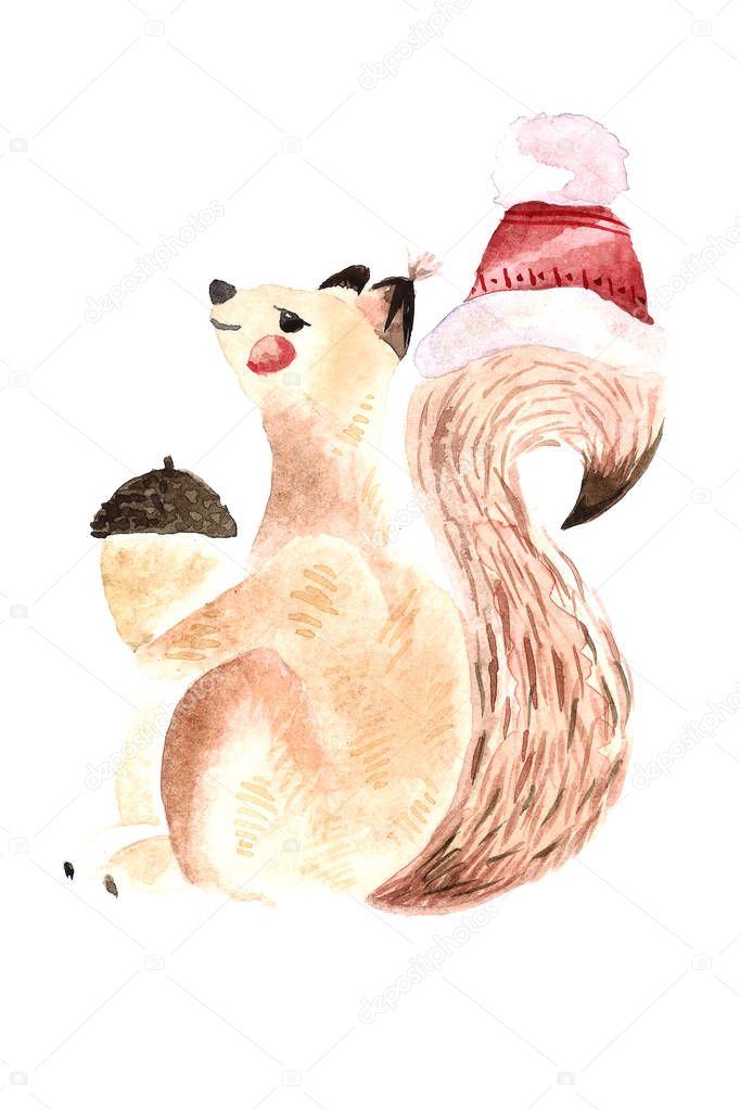 Watercolor squirrel with nut