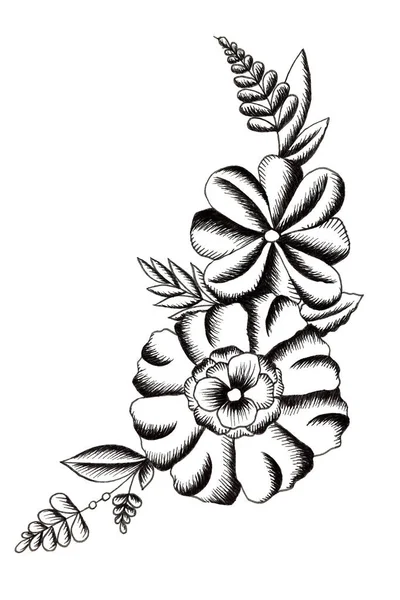 Branche Noire Blanche Fleurs Style Tatouage — Photo