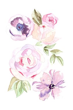 Suluboya el pembe çiçekler ve yeşil yaprakları ile illüstrasyon çizilmiş. Kartlar için, giyim, düğün, kutlamalar, dövmeler