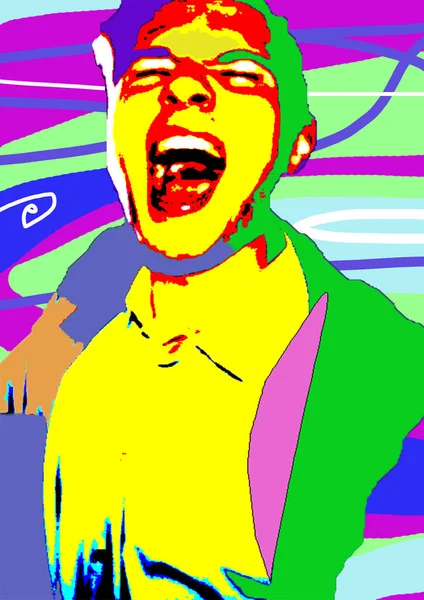 Multicolored portrait of a man in the style of pop art on a bright background with stripes and spots. Screaming face