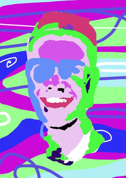 Multicolored portrait of a man in the style of pop art on a bright background with stripes and spots. Laughing man