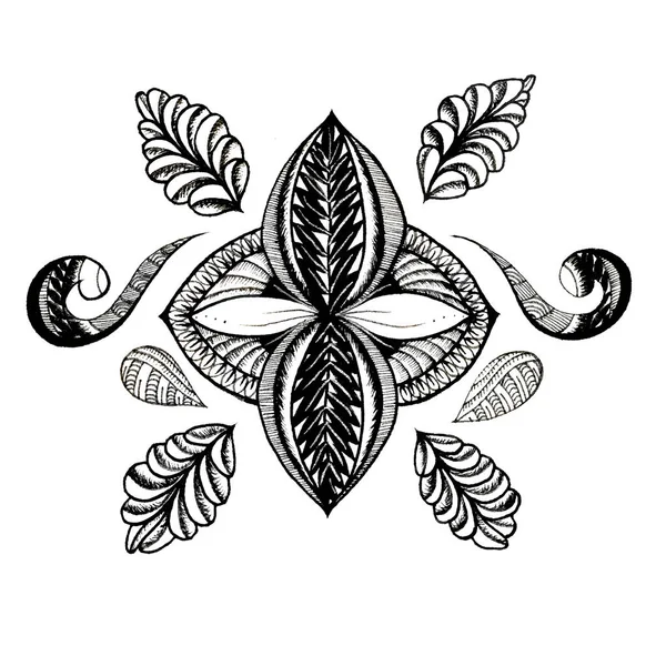 Black and white symmetric flower with leaves tattoo.