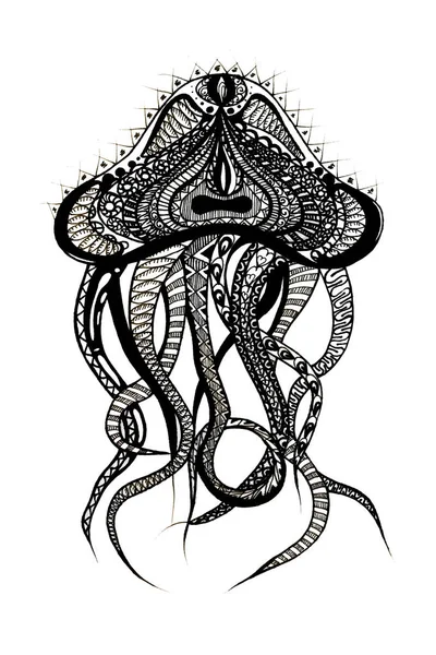 黑白章鱼与许多元素，涂鸦和线条 — 图库照片