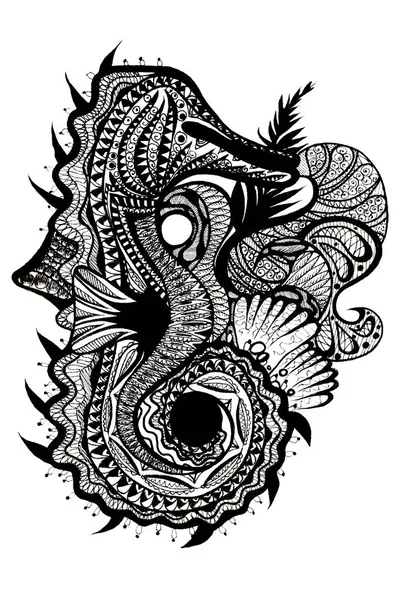 Black and white sea horse with shells