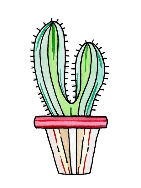 Cactus acquerello in vaso da fiori decorativo su schiena bianca isolata — Foto Stock