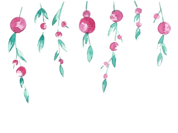Aquarell-Zweige mit rosa Beeren und Blättern — Stockfoto
