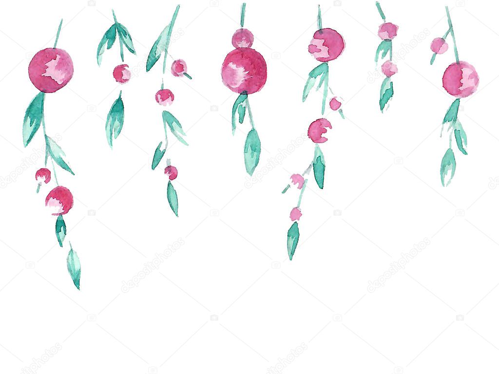 Watercolor branches with pink berries and leaves  