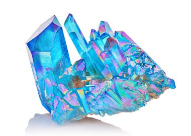 Amazing colorful Quartz Rainbow Flame Blue Aqua Aura crystal cluster closeup macro isolated on white background clipart