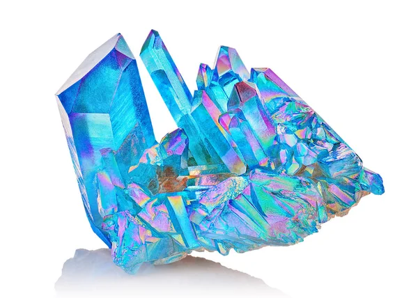 Amazing Colorful Quartz Rainbow Flame Blue Aqua Aura Crystal Cluster — Stock Photo, Image