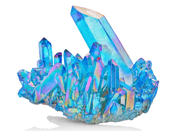 Verbazingwekkende Kleurrijke Quartz Rainbow Flame Blue Aqua Aura Kristal Cluster — Stockfoto