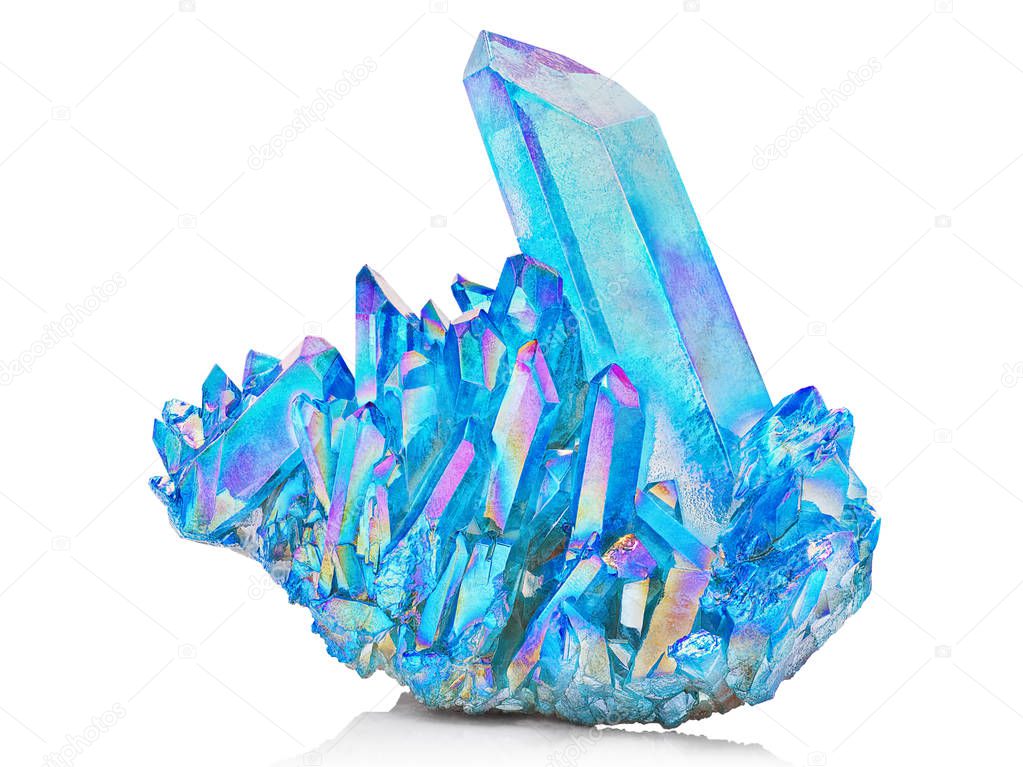 Amazing colorful Quartz Rainbow Flame Blue Aqua Aura crystal cluster closeup macro isolated on white background