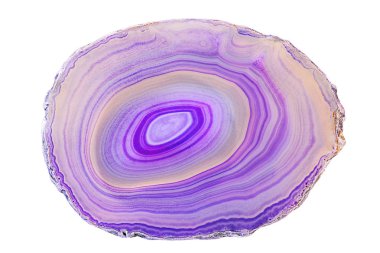 Mor akik kristal şaşırtıcı kesiti. Beyaz arka plan üzerinde soyut yapı dilim mineral taş makro closeup şifa mor izole doğal yarı saydam akik kristal yüzey kesme