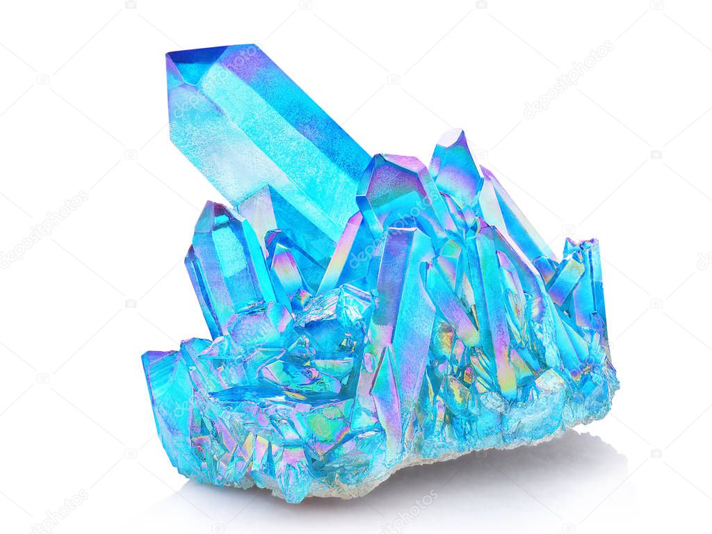 Amazing colorful Quartz Rainbow Flame Blue Aqua Aura crystal cluster closeup macro isolated on white background