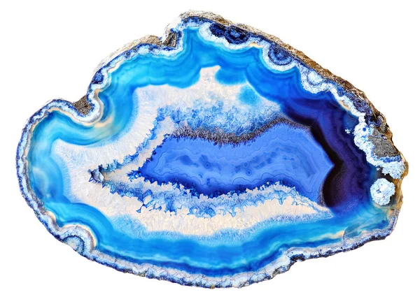 Incrível Azul Ágata Cristal Seção Transversal Isolada Fundo Branco Superfície — Fotografia de Stock