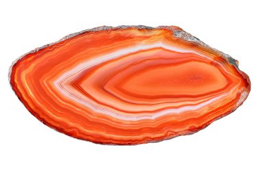 Turuncu akik Brasil çapraz bölümünden aydınlatmalı beyaz arka plan üzerinde izole kristal şaşırtıcı. Doğal yarı saydam akik kristal yüzey, Soyut yapı dilim mineral taş makro portre