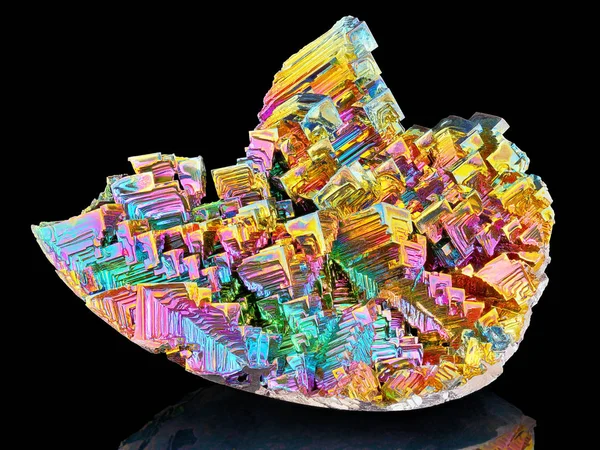 Amazing Colorful Rainbow Bismuth Gemstone Mineral Macro Closeup Isolated Black — Stock Photo, Image