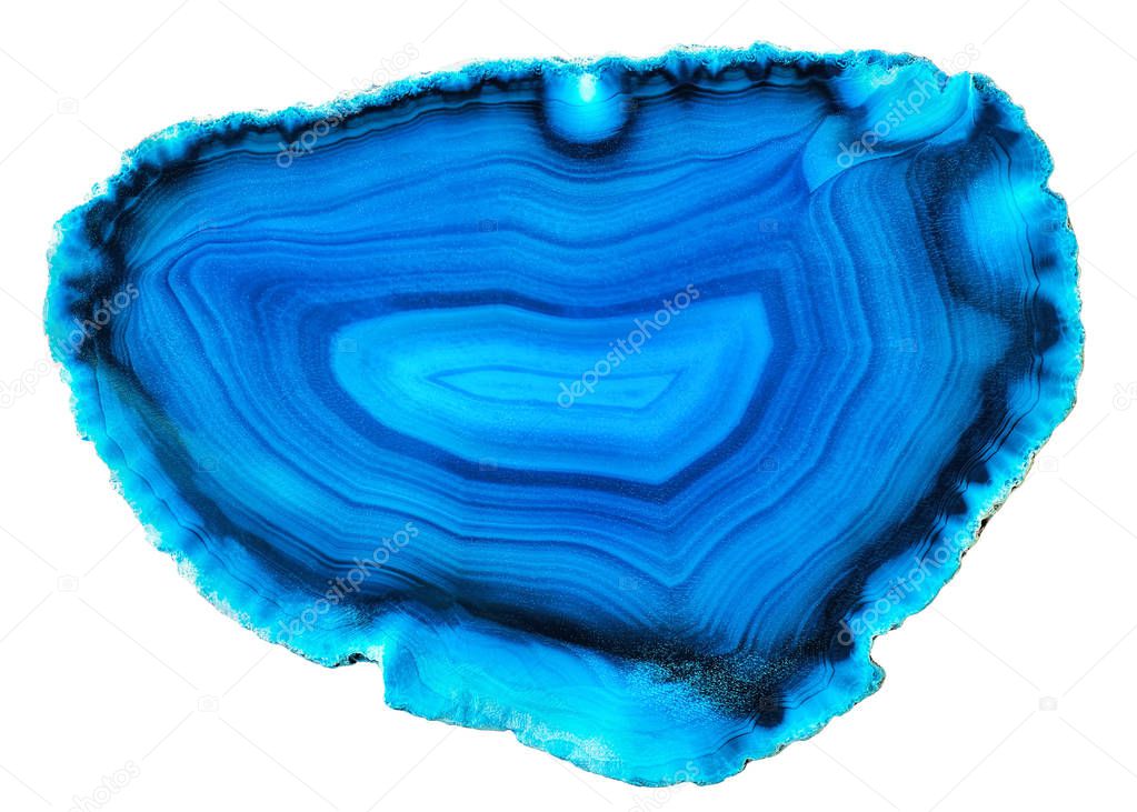 Amazing blue Agate Crystal cross section isolated on white background. Natural translucent agate crystal surface, Blue abstract structure slice mineral stone macro closeup