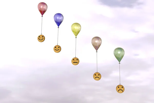 Runde Smileys Mit Gesichtsausdruck Auf Luftballons Himmel Symbolisieren Karrierewachstum — Stockfoto