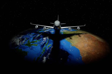 3D görüntüleme. Yolcu uçağı Dünya 'ya gölge düşürüyor.