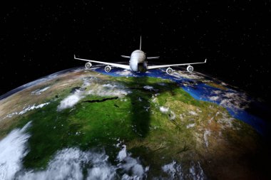 3D görüntüleme. Yolcu uçağı Dünya 'ya gölge düşürüyor.