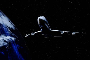 3D görüntüleme. Dünya 'ya karşı uzayda yolcu uçağı.