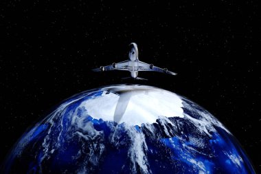 3D görüntüleme. Yolcu uçakları dünyanın üzerinde süzülüyor.
