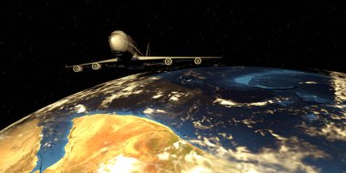 3D görüntüleme. Dünya 'nın üstündeki uzayda yolcu uçağı.