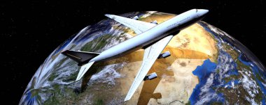 3D görüntüleme. Uzaydaki yolcu uçağı Dünya 'ya gölge düşürüyor.