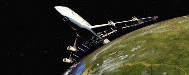  3D görüntüleme. Uzayda Dünya gezegeninden ayrılan yolcu uçağı.