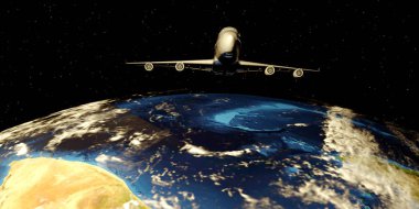 3D görüntüleme. Uzaydaki yolcu uçağı dünya üzerinde, ön manzara.
