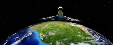 3D görüntüleme. Uzayda havalanan yolcu uçağı Dünya 'yı yansıtıyor...