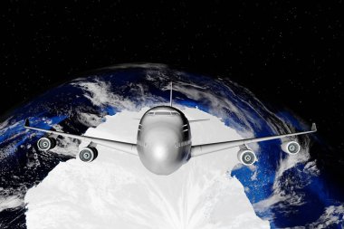  3D görüntüleme. Yolcu uçağı dünyanın arka planında uzaya uçuyor.