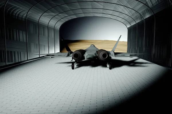 3d rendering.fighter plane in a hangar in the desert,rear view