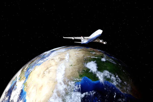 Візуалізація Пасажирський Літак Космосі Над Землею — стокове фото