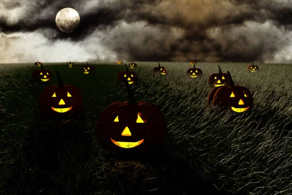 Render Egy Halloween Témájú Kompozíció Tökök Fények Fűben Teliholdkor — Stock Fotó