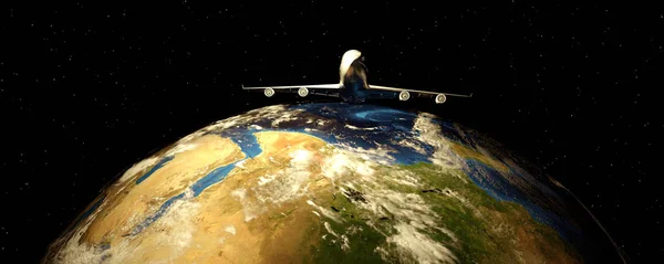 3d rendering.passenger plane in space taking off over the earth