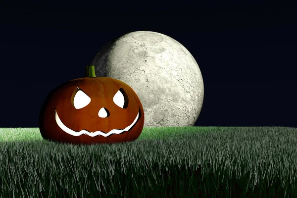 Render Egy Halloween Tök Fűben Háttérben Nagy Hold — Stock Fotó