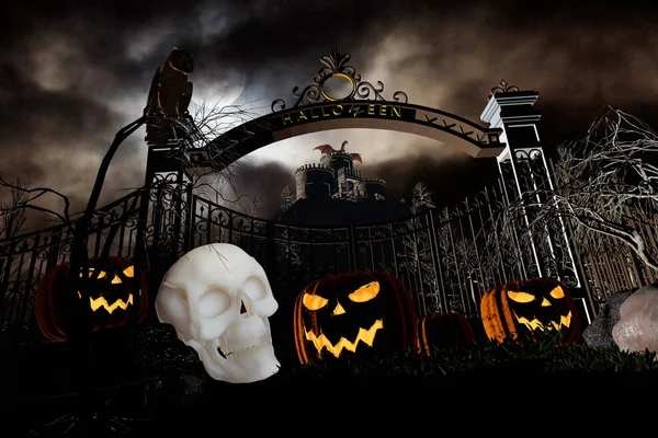 Render Une Composition Sur Thème Halloween Crâne Éclairé Par Citrouille Image En Vente