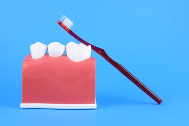 Diş fırçası ile mavi arka plan üzerinde yanlış ağız