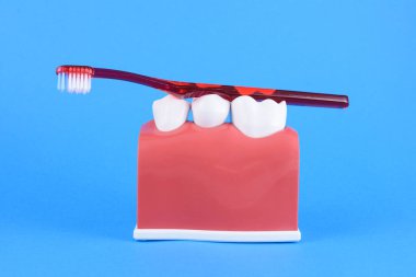 Diş fırçası ile mavi arka plan üzerinde yanlış ağız