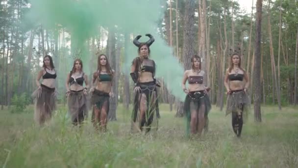 Група жінок-танцюристок з макіяжем і в містичних приголомшливих костюмах танцює в кольоровому димі. Лісові феї, сухарики розважаються серед дерев. Виступ танцюристів на відкритому повітрі . — стокове відео